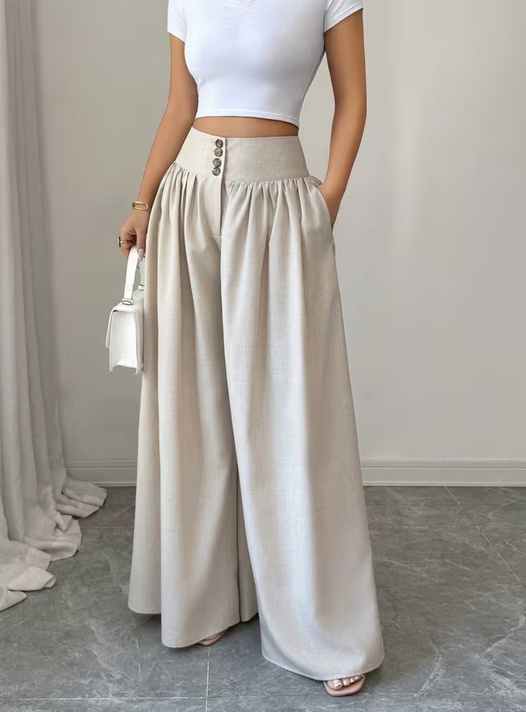 Summer Waist-Cinching Long Wide-Leg
Pants with Pockets