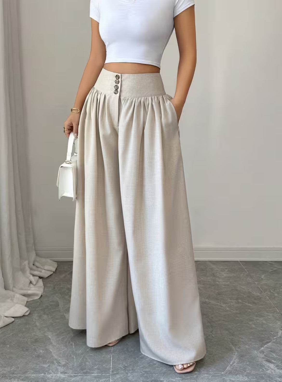 Summer Waist-Cinching Long Wide-Leg
Pants with Pockets