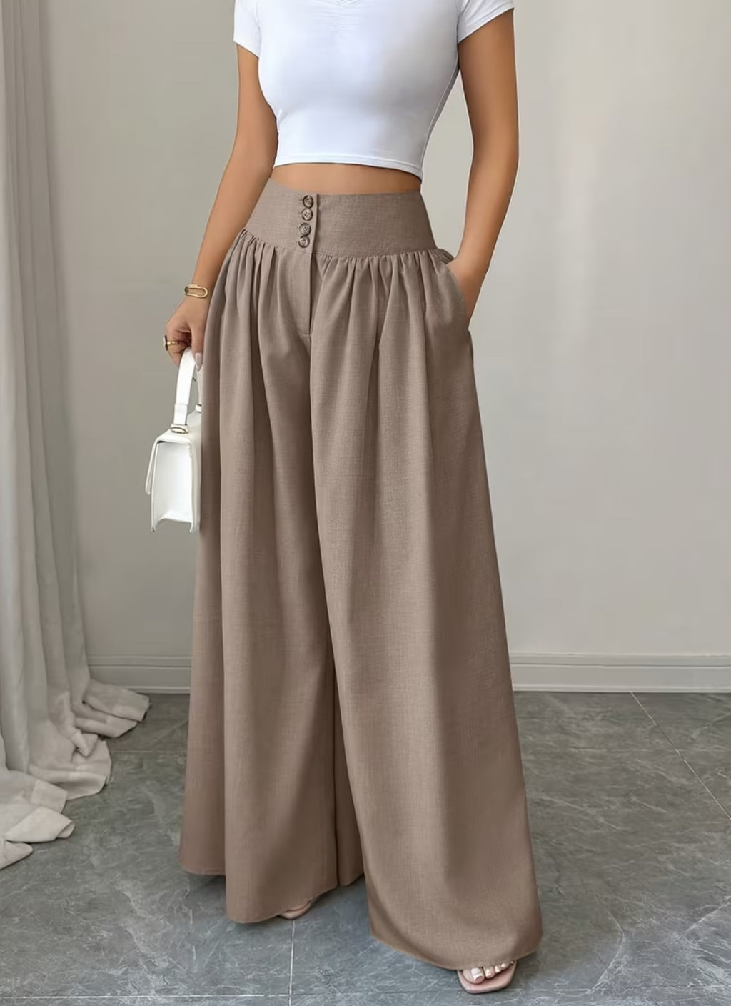 Summer Waist-Cinching Long Wide-Leg
Pants with Pockets
