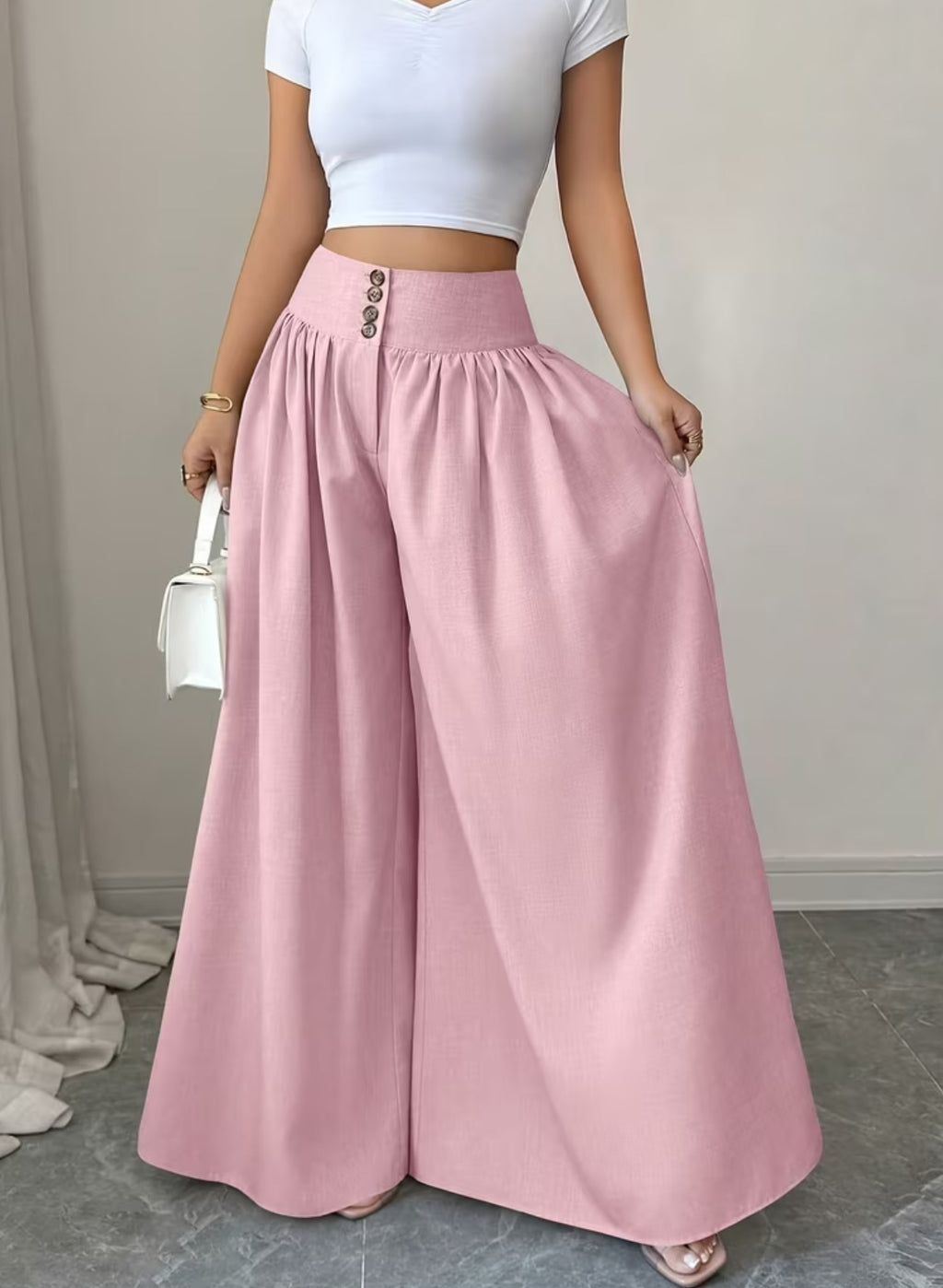 Summer Waist-Cinching Long Wide-Leg
Pants with Pockets