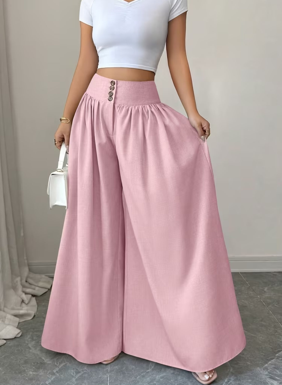 Summer Waist-Cinching Long Wide-Leg
Pants with Pockets
