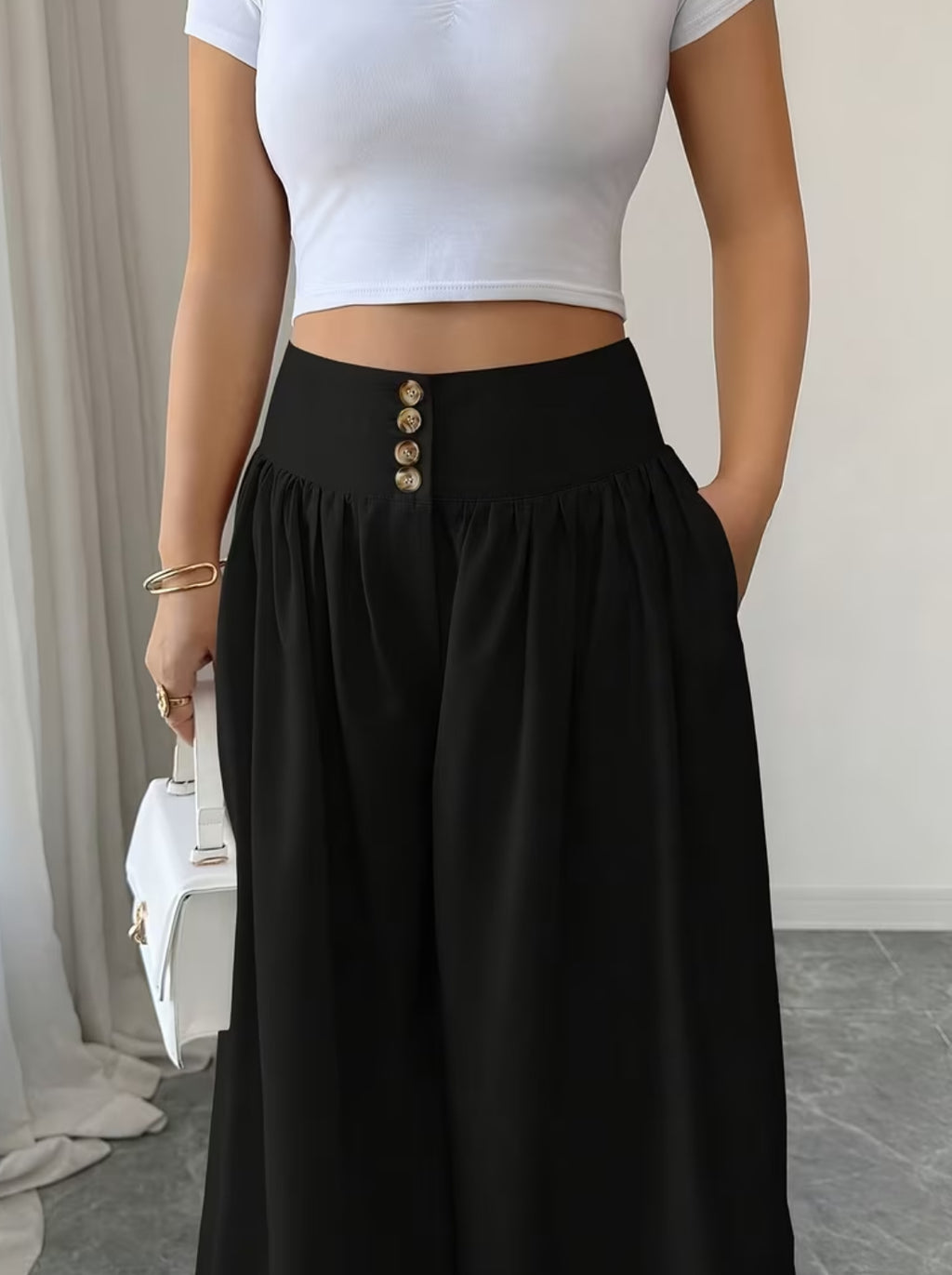 Summer Waist-Cinching Long Wide-Leg
Pants with Pockets
