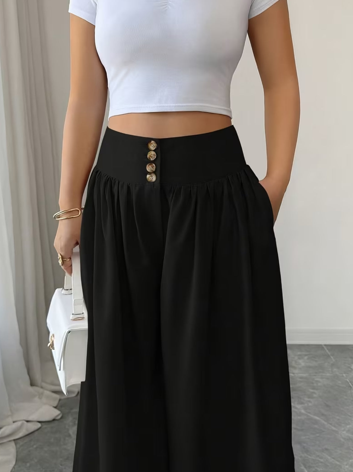 Summer Waist-Cinching Long Wide-Leg
Pants with Pockets