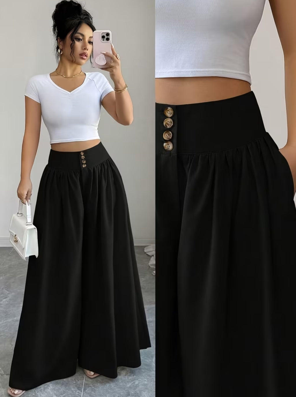 Summer Waist-Cinching Long Wide-Leg
Pants with Pockets