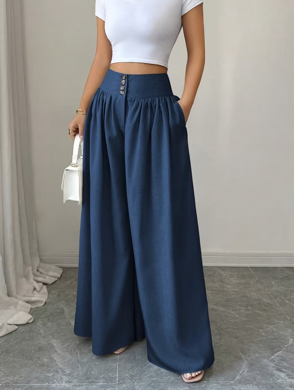 Summer Waist-Cinching Long Wide-Leg
Pants with Pockets