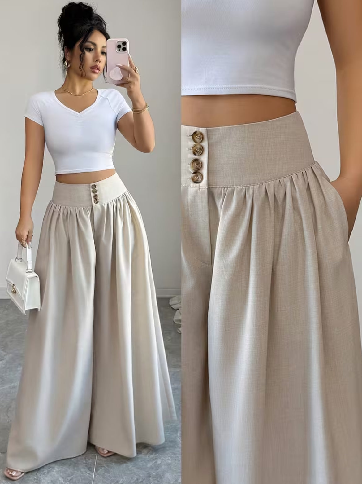 Summer Waist-Cinching Long Wide-Leg
Pants with Pockets