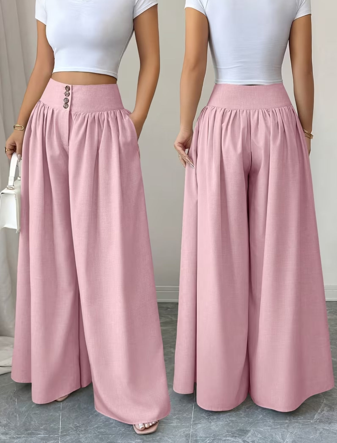 Summer Waist-Cinching Long Wide-Leg
Pants with Pockets