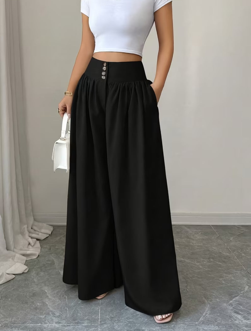 Summer Waist-Cinching Long Wide-Leg
Pants with Pockets