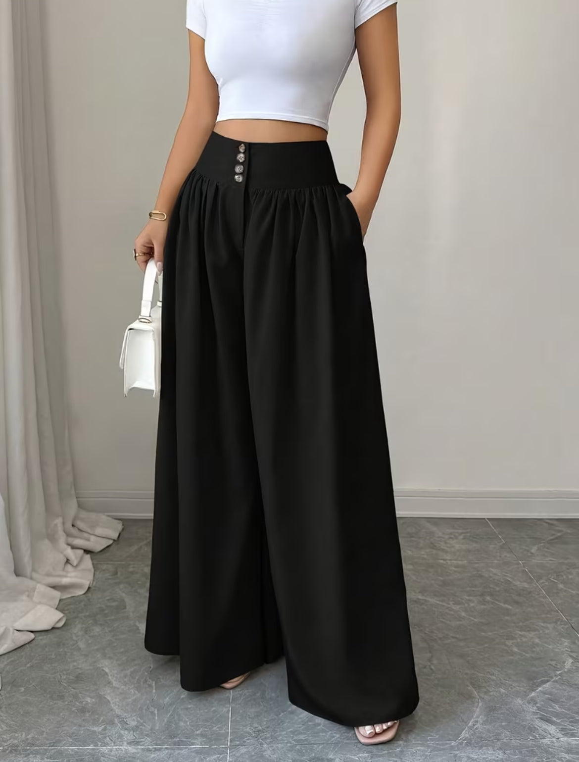 Summer Waist-Cinching Long Wide-Leg
Pants with Pockets