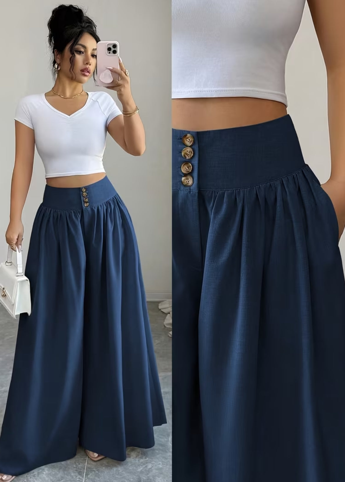 Summer Waist-Cinching Long Wide-Leg
Pants with Pockets