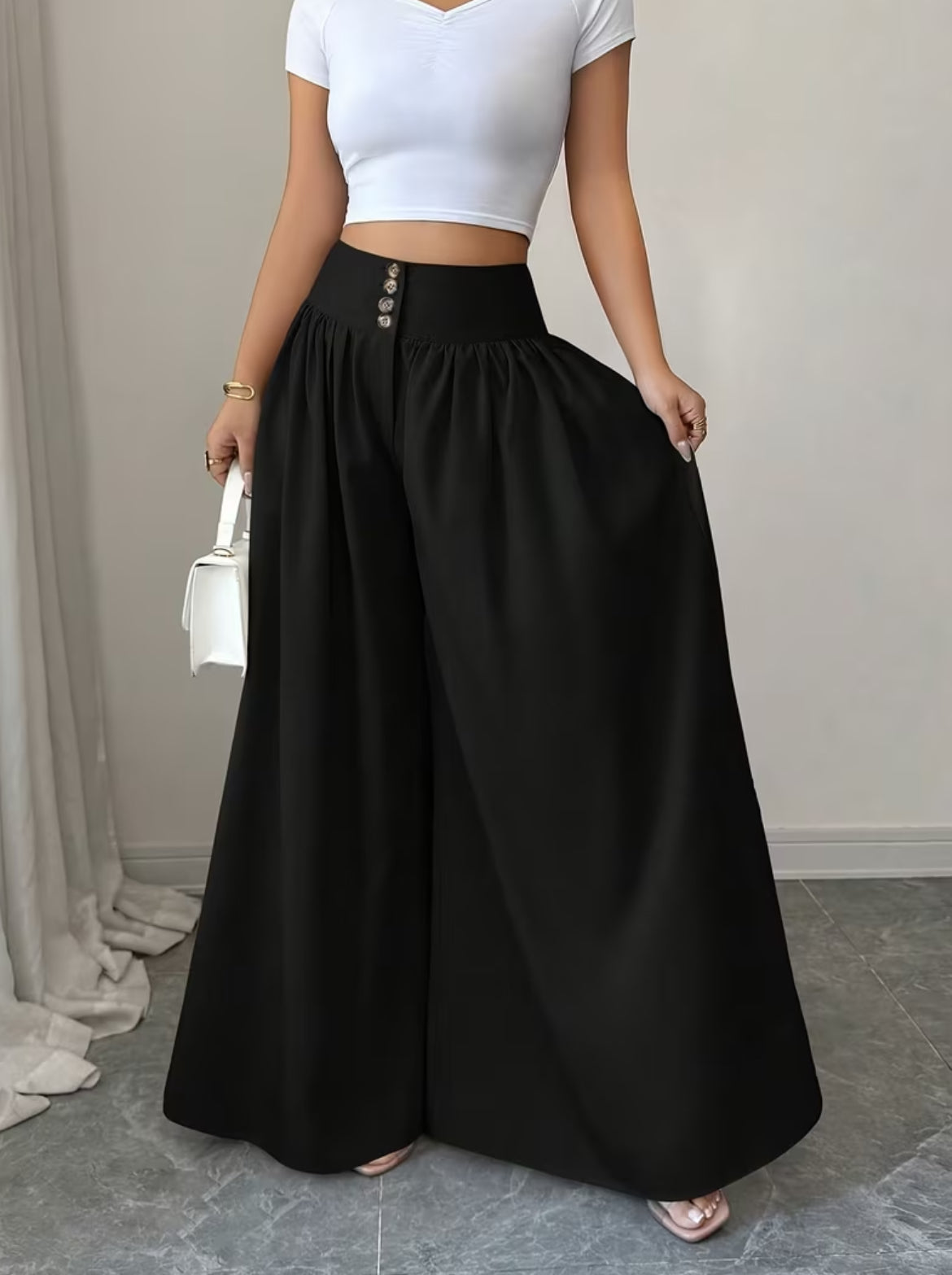 Summer Waist-Cinching Long Wide-Leg
Pants with Pockets