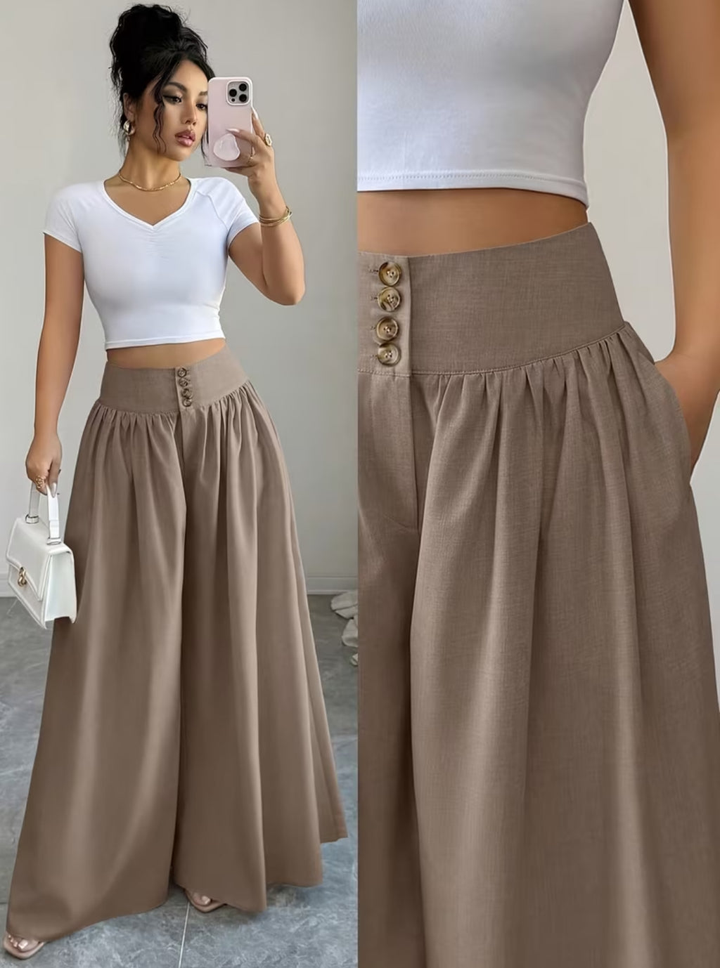 Summer Waist-Cinching Long Wide-Leg
Pants with Pockets