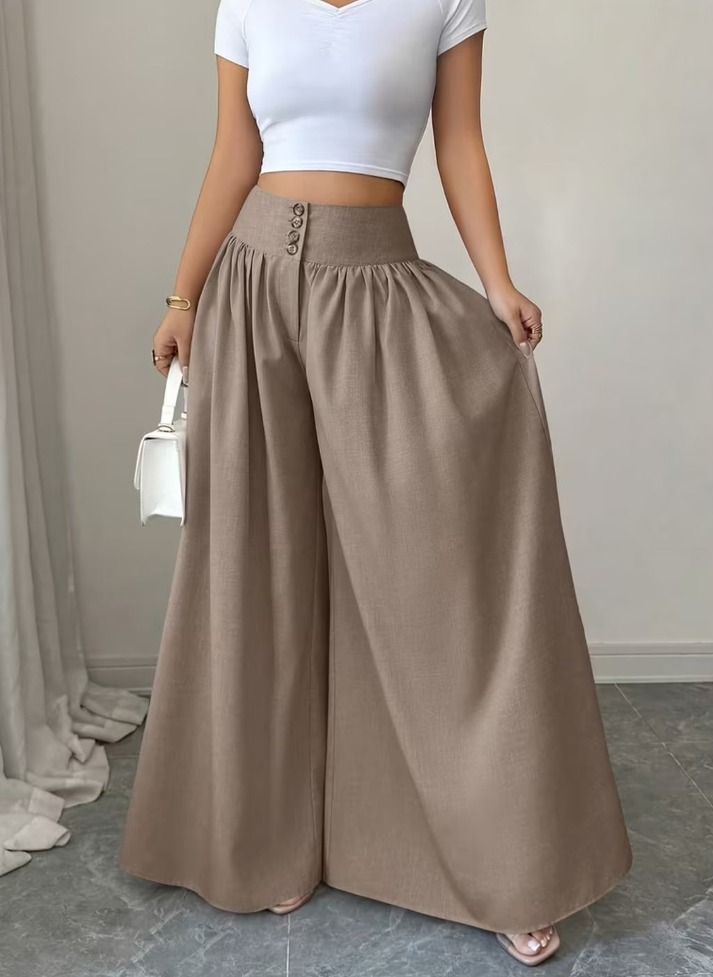 Summer Waist-Cinching Long Wide-Leg
Pants with Pockets