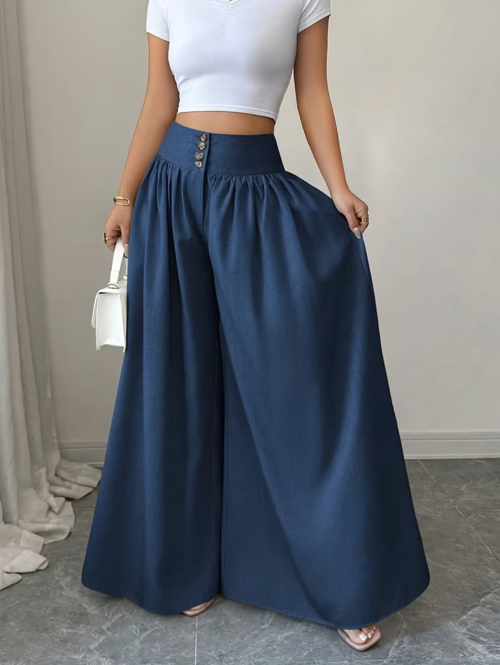 Summer Waist-Cinching Long Wide-Leg
Pants with Pockets