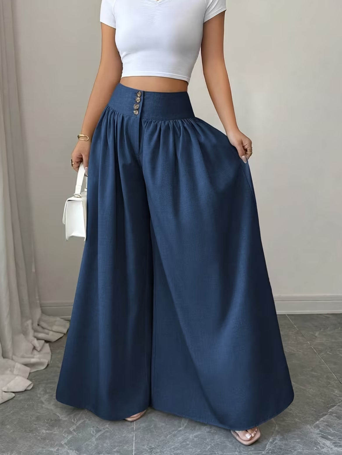 Summer Waist-Cinching Long Wide-Leg
Pants with Pockets