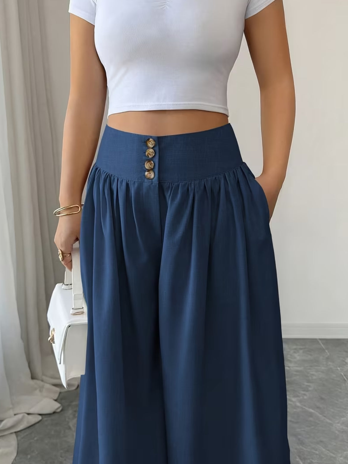 Summer Waist-Cinching Long Wide-Leg
Pants with Pockets