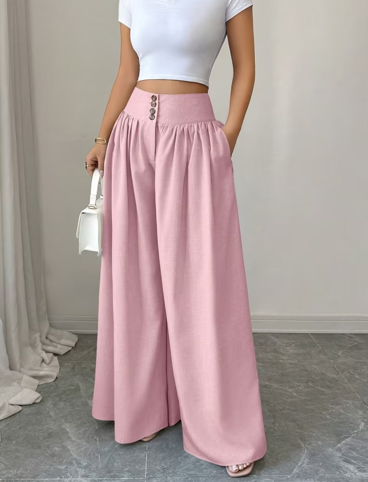 Summer Waist-Cinching Long Wide-Leg
Pants with Pockets