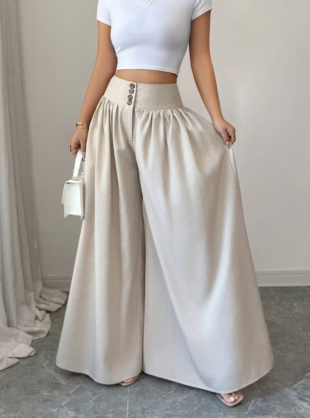 Summer Waist-Cinching Long Wide-Leg
Pants with Pockets