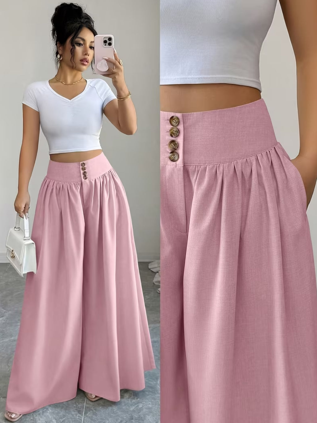 Summer Waist-Cinching Long Wide-Leg
Pants with Pockets