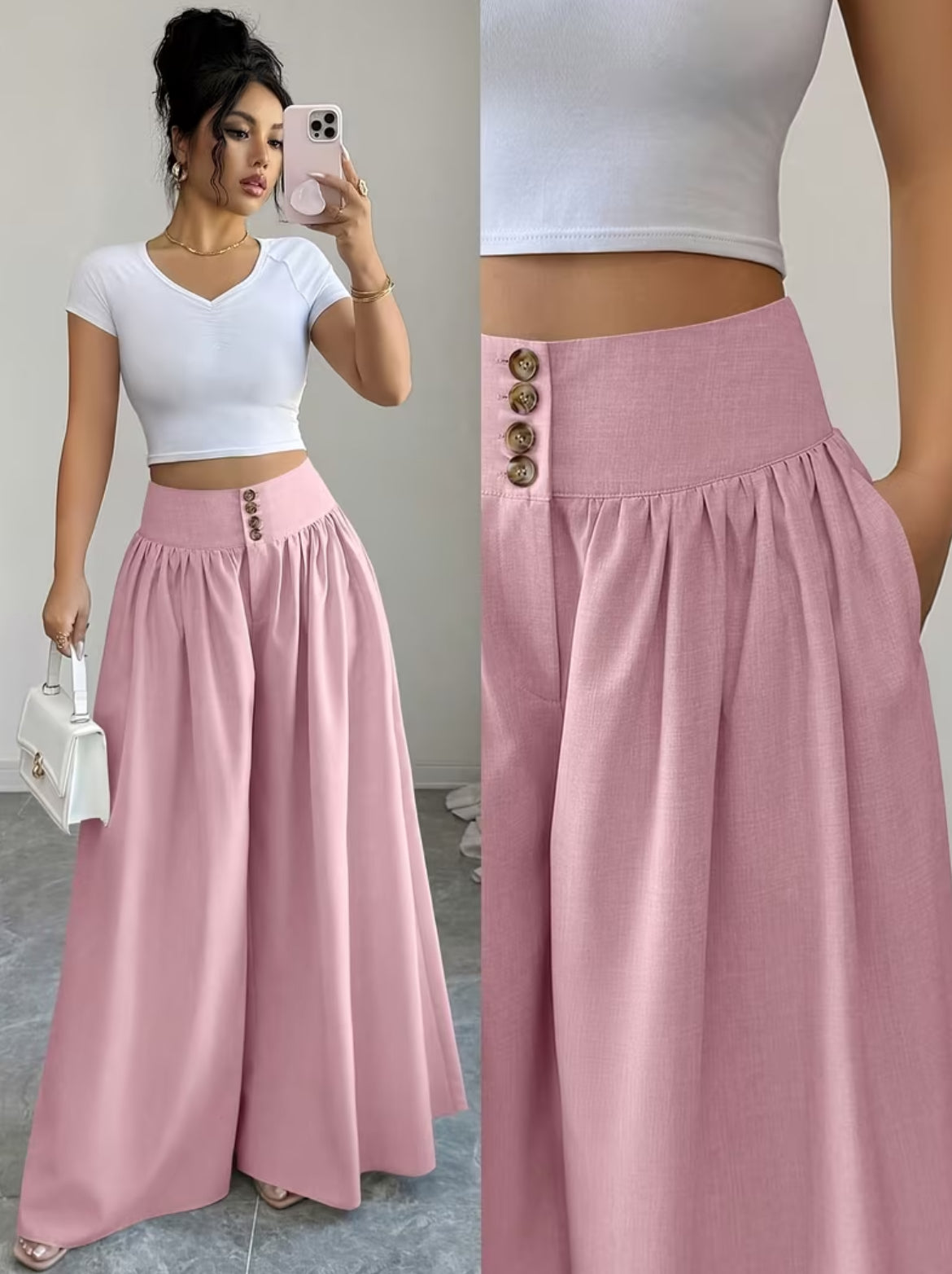 Summer Waist-Cinching Long Wide-Leg
Pants with Pockets